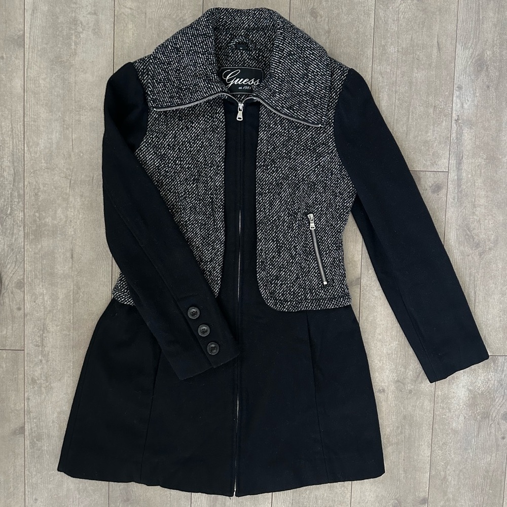 Guess Women’s Medium Gray Black Wool Blend Jacket Coat Zip Up